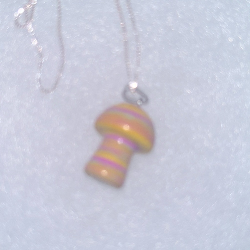 Boho Rainbow Calsilica Mushroom Sterling Silver Necklace 16”